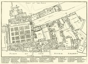 En reduceret kopi af Fishers Ground Plan af Royal Palace of Whitehall, taget under Charles 2nds regeringstid, 1680 af English School